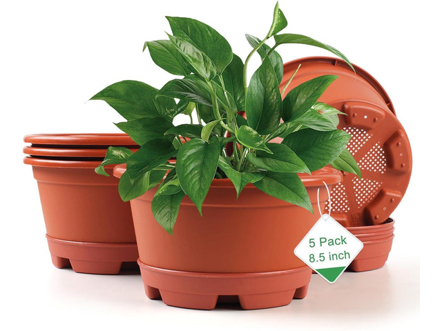 KPUVX 5 Pack 8.5 inch Plant Pot,Outdoor Flower Pots,Plastic Pots for Plants Indoor with Drainage Holes and Trays, Decorative Garden Containers Sets...