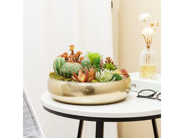 MyGift 11-inch Shiny Brass Toned Metal Round Planter Bowl with Pebbled Rim, Shallow Bowl Succulent Pot - Handcrafted in India
