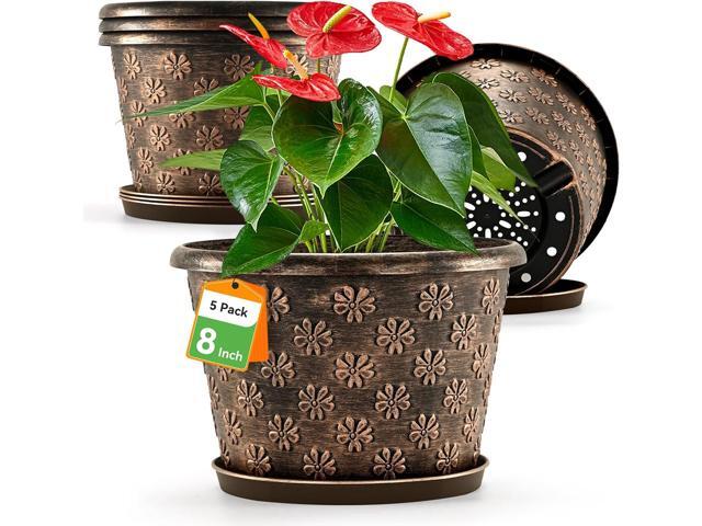 8 Inch Planter Pots for Plants, Plastic Flower Pots Indoor Outdoor, 5 Pack Resin Plant Pot with Drainage & Saucer, Retro Decorative Garden Pot with.