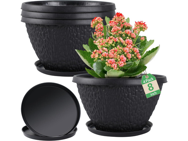 Nooulap 4 Pack 8 inch Plant Pots for Outdoor Indoor, Durable Flower Pots with Drainage, Indoor Outdoor Planters for Herbs Flowers (Black Pebbles...