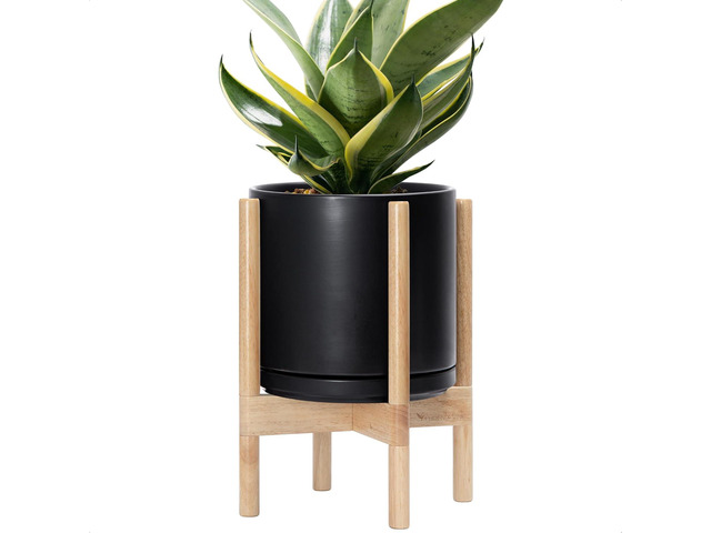 D'vine Dev Ceramic Planter with Natural Stand - 10 Inch Modern Round Flower Pot with Wood Planter Holder, Black, 55-B-K-2