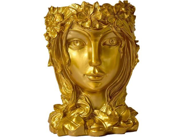 Face Flower Pot Head Planter with Drainage Hole - Cute Resin Goddess Face Planter for Indoor & Outdoor Use (Goddess Golden, Large)