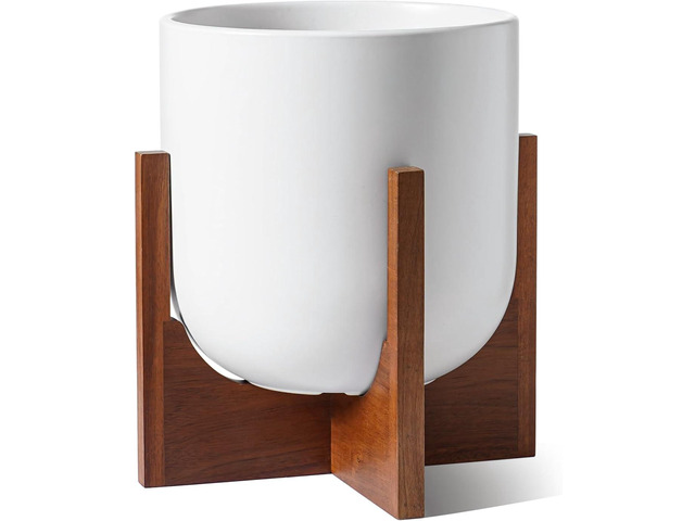 LE TAUCI 10 Inch Plant Pot with Acacia Wood Stand, Ceramic Planters for Indoor Plants, Unique Plant Pots Indoor for Home Decor, Mid-Century Modern...