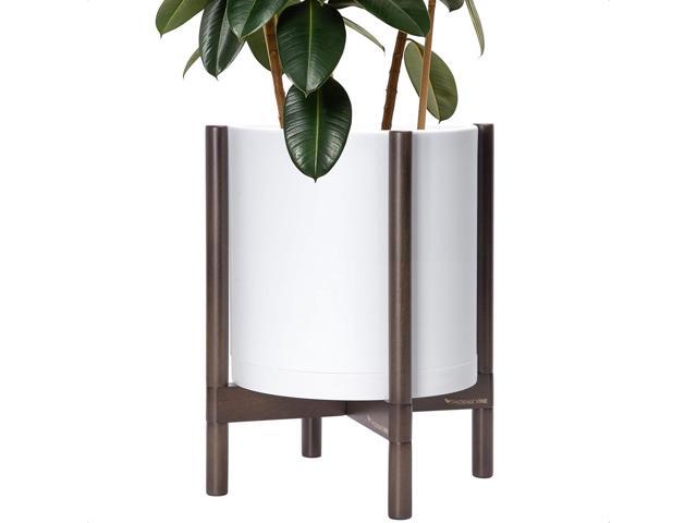 D'vine Dev Planter Pot with Stand - 14 Inch Plastic Cylinder Flower Pot with Wood Planter Holder for Indoor, Matte White Pot + Walnut Color Stand,...