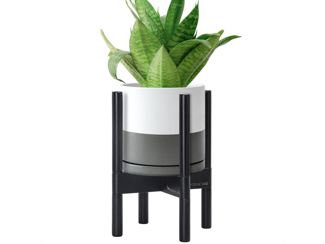 D'vine Dev Ceramic Planter with Ebony Stand - 8 Inch Modern Round Flower Pot with Wood Planter Holder, White/Grey, 55-B-M-6