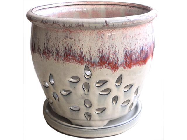 7inch Orchid Pots with Holes Round Ceramic Flower Container Succulent Plant Planter Butterfly Pot Saucer Windowsill Contemporary Home Decoration.