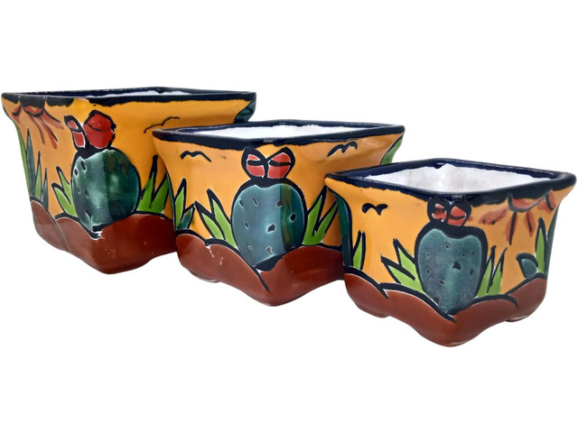 Talavera Hand-Painted Flower Pots (Set of 3) - 2.8' Cactus Design - Authentic Mexican Pottery Planters for Succulents