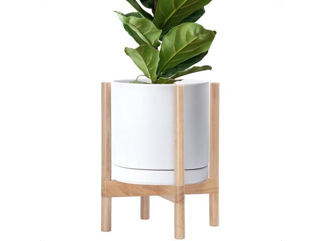 D'vine Dev Ceramic Planter with Natural Stand - 12 Inch Modern Round Flower Pot with Wood Planter Holder, White, 55-B-J-1
