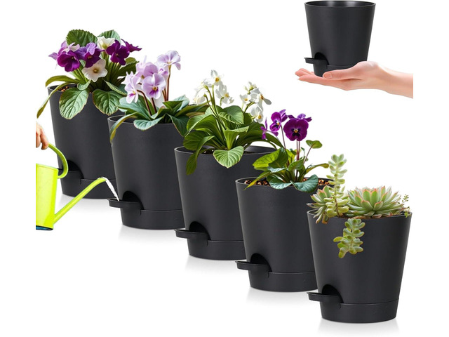 5 Pack 5 inch Self-Watering Pots, African Violets Planter with Drainage Holes and Reservoir, Black Plastic Planter for Indoor Outdoor Plants...