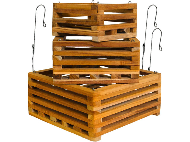 Set of 3 Strong Wooden Orchid Baskets with Hangers, Vanda Baskets for Outside