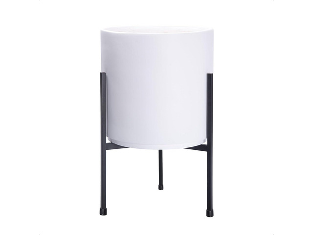 D'vine Dev Modern White Plants Pot Cylinder Planter with Heavy Duty Stand, Small 8 Inch Pot, 15 Inch with Stand Height, 96-T-A-1