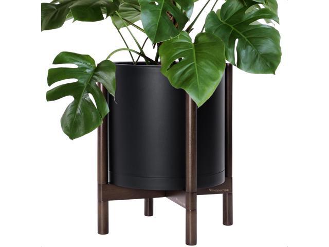 D'vine Dev Planter Pot with Stand - 14 Inch Plastic Cylinder Flower Pot with Wood Planter Holder for Indoor, Matte Black Pot + Walnut Color Stand,.