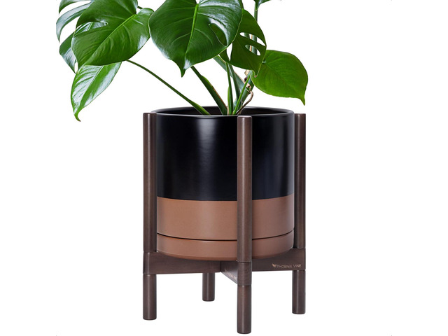 D'vine Dev Ceramic Planter with Walnut Color Stand - 12 Inch Modern Round Flower Pot with Wood Planter Holder, Black/Speckled Tan, 55-B-W-7