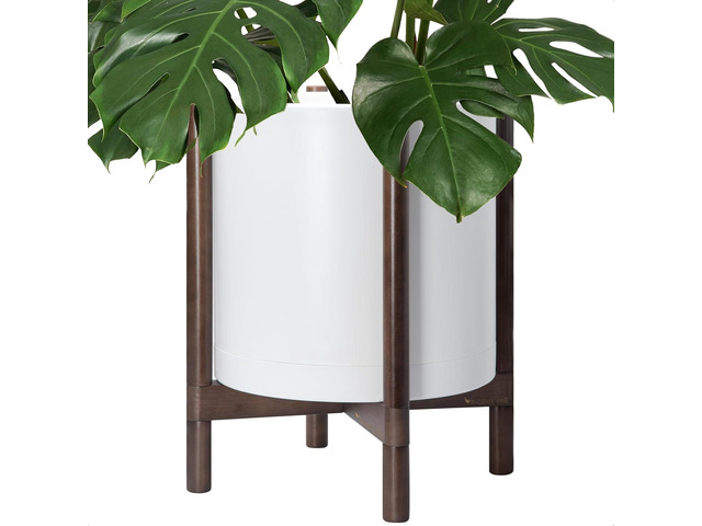 D'vine Dev Planter Pot with Stand - 16 Inch Plastic Cylinder Flower Pot with Wood Planter Holder for Indoor, Matte White Pot + Walnut Color Stand,...