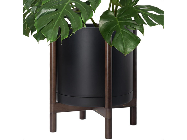 D'vine Dev Planter Pot with Stand - 16 Inch Plastic Cylinder Flower Pot with Wood Planter Holder for Indoor, Matte Black Pot + Walnut Color Stand,...
