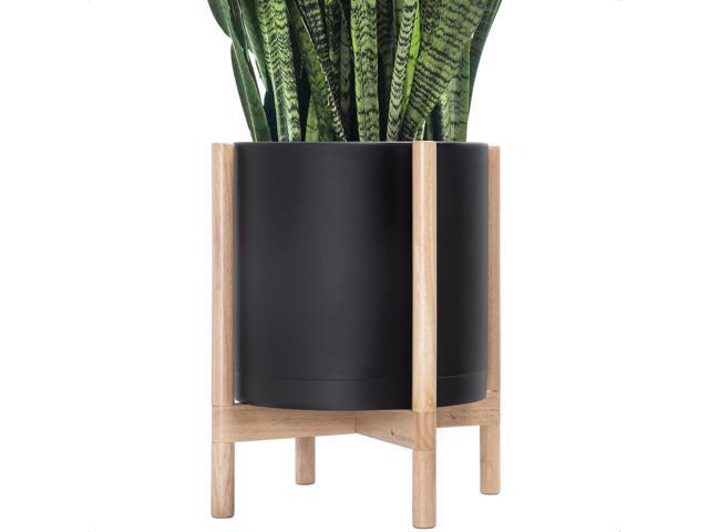 D'vine Dev Planter Pot with Stand - 14 Inch Plastic Cylinder Flower Pot with Wood Planter Holder for Indoor, Matte Black Pot + Natural Stand, 55-C-S-2