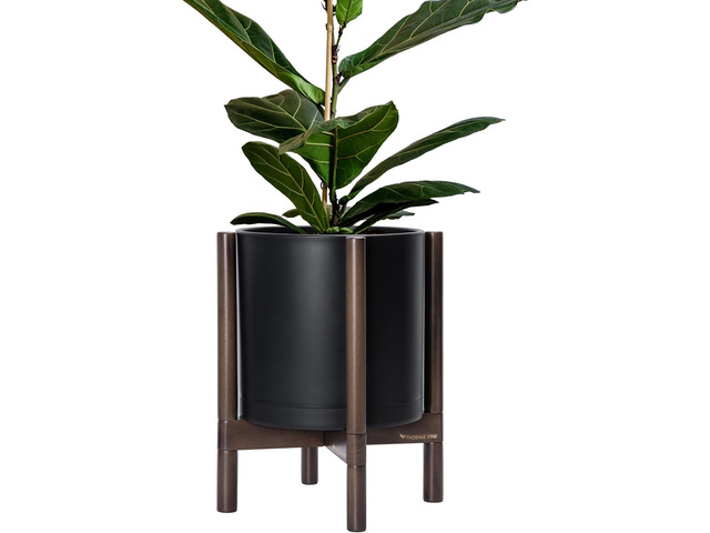 D'vine Dev Planter Pot with Stand - 12 Inch Plastic Cylinder Flower Pot with Wood Planter Holder for Indoor, Matte Black Pot + Walnut Color Stand,...