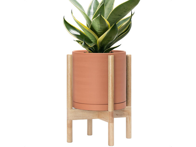D'vine Dev Terracotta Planter with Natural Stand - 10 Inch Modern Round Flower Pot with Wood Planter Holder, Terracotta, 55-B-K-5