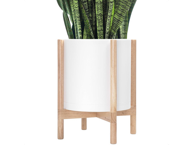 D'vine Dev Planter Pot with Stand - 14 Inch Plastic Cylinder Flower Pot with Wood Planter Holder for Indoor, Matte White Pot + Natural Stand, 55-C-S-1