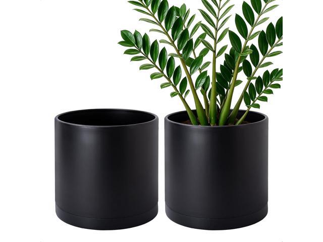 D'vine Dev 2 Pack 10 Inch Modern Plastic Plant Pots, Cylindrical Garden Planters for Plants with Drainage Holes and Saucers, Black, 74-Y-N-1