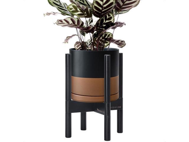 D'vine Dev Ceramic Planter with Ebony Stand - 8 Inch Modern Round Flower Pot with Wood Planter Holder, Black/Speckled Tan, 55-B-M-7