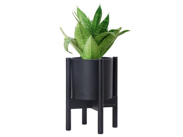 D'vine Dev Planter Pot with Stand - 8 Inch Plastic Cylinder Flower Pot with Wood Planter Holder for Indoor, Matte Black Pot + Ebony Stand, 55-C-K-2