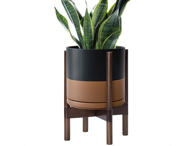 D'vine Dev Ceramic Planter with Walnut Color Stand - 10 Inch Modern Round Flower Pot with Wood Planter Holder, Black/Speckled Tan, 55-B-X-7