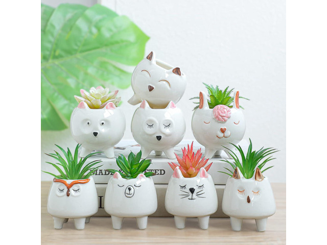 ARTKETTY 8 Pcs Succulent Pots with Drainage, Small Cartoon Animal Planters Ceramic Planter Pot for Indoor Cactus Plants Mini Cute Flower Plant...