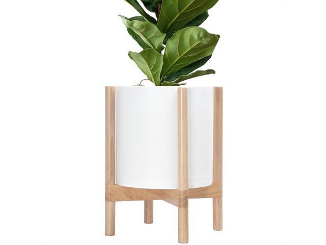 D'vine Dev Planter Pot with Stand - 12 Inch Plastic Cylinder Flower Pot with Wood Planter Holder for Indoor, Matte White Pot + Natural Stand, 55-C-P-1
