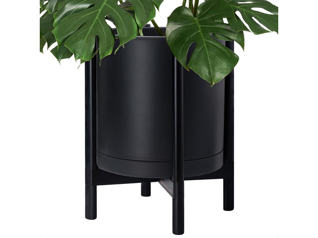 D'vine Dev Planter Pot with Stand - 16 Inch Plastic Cylinder Flower Pot with Wood Planter Holder for Indoor, Matte Black Pot + Ebony Stand, 55-C-Z-2