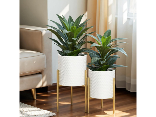 LuxenHome Planters for Indoor Plants, Set of 2 Indoor Plant Pots, White Planter with Gold Metal Stand, Luxury Flower Pots for Plants, Large Floor...