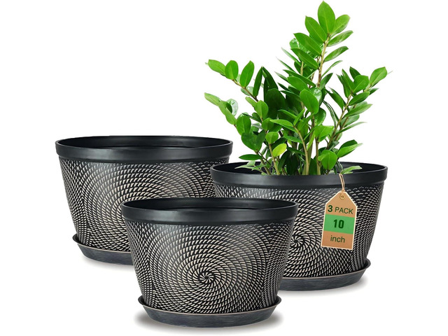 Quarut 10 Inch Flower Pots for Outdoor Indoor, 3 Pack Plastic Plant Pots with Drainage Hole & Tray, Modern Decorative Garden Pot with Saucer,...