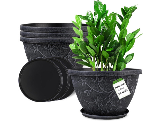 Nooulap 4 Pack 10 Inch Plant Pot for Outdoor Indoor, Plastic Flower Pots with Drainage Hole & Saucer, Lightweight Small Resin Flower Pot, Imitation...