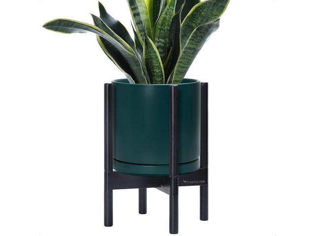 D'vine Dev Ceramic Planter with Ebony Stand - 10 Inch Modern Round Flower Pot with Wood Planter Holder, Teal, 55-B-L-4