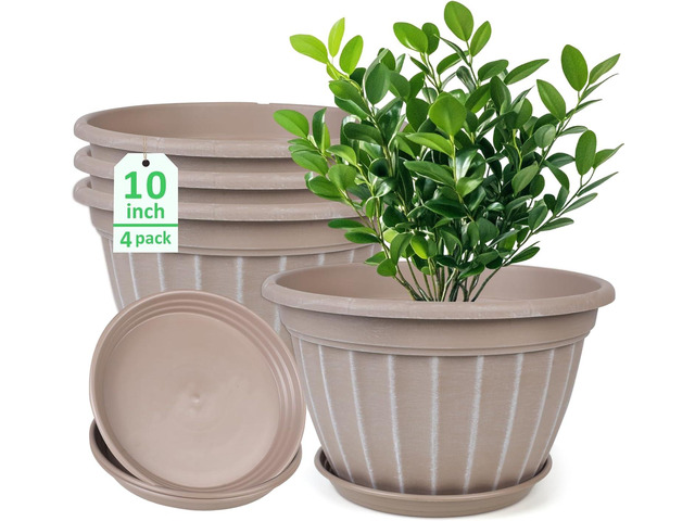 FGstyle 10 Inch Plants Pot,4 Pack Flower Pots,Planters Pot with Drainage Hole & Saucer,Modern Planters for Indoor Outdoor Plants,Decorative Resin...