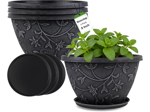 Nooulap 4 Pack 8 Inch Flower Pots for Outdoor Indoor, Plastic Plant Pots with Drainage Hole & Saucer, Lightweight Small Resin Flower Pot, Imitation...