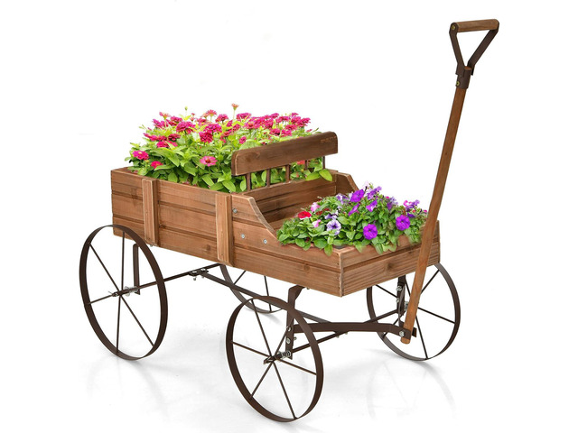 Giantex Decorative Garden Planter, Small Wagon Cart with Metal Wheels, Wood Raised Beds Plant Pot Stand for Backyard Garden Patio 24.5'x13.5'x24'...