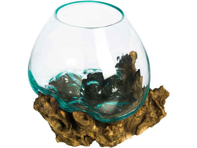 Cape Craftsmen 10' Hand-Blown Blue Tinted Bubble Glass On Natural Teak Driftwood Terrarium Kit Home Décor Indoor Planter with Stand Pot for...