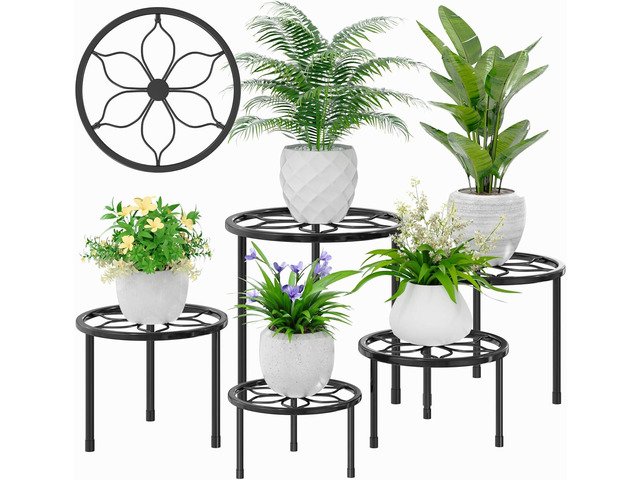 VECELO Metal Plant Stands Set of 5, Multiple Heavy Duty Flower Pot Stand, Round Plant Holder, Black