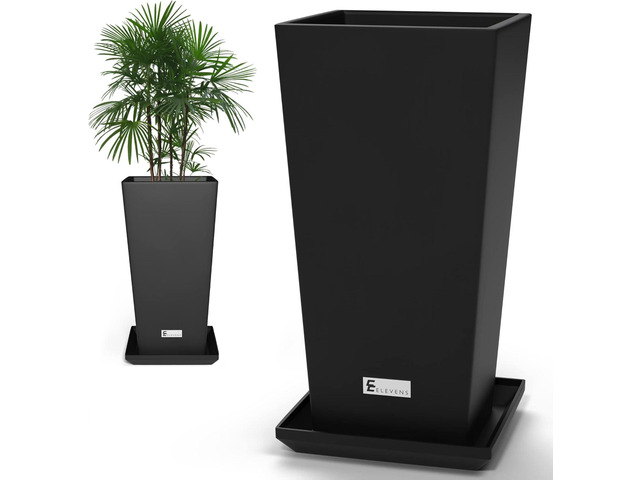 Elevens Outdoor Planter Larger Flower Pots Indoor Taper Garden V-Shape Tall Planters 28 inches Garden Pots Planter with 2 Trays - Black2 Packs,...