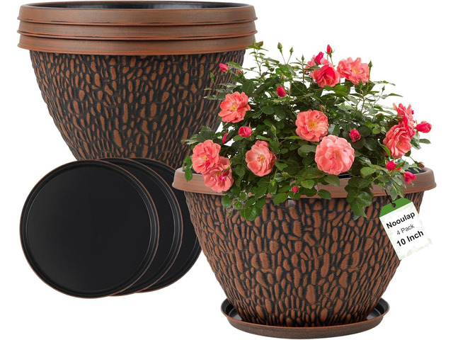 Nooulap 4 Pack Flower Pots Outdoor, 10 Inch Plant Pot with Drainage Hole & Tray, Thickened Plastic Planters for Indoor Outdoor Plants, Lightweight...