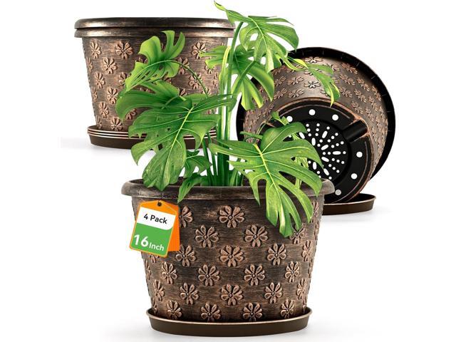 16 Inch Planter Pots for Plants, Plastic Large Flower Pots Indoor Outdoor, 4 Pack Resin Plant Pot with Drainage & Saucer, Retro Decorative Garden...