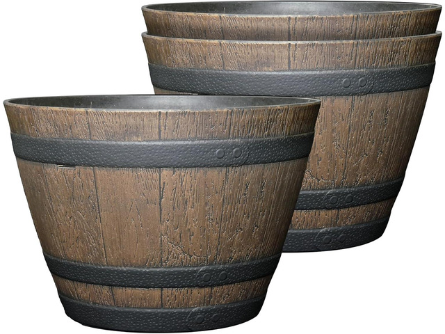 Classic Home and Garden Outdoor Whiskey Resin Flower Pot Barrel Planter, Walnut Brown, 15' (Pack of 3)