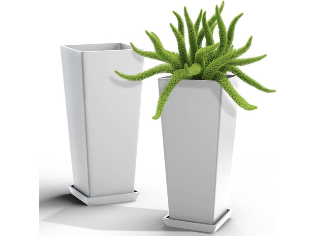 Elevens Set of 2 Tall Outdoor Planters 24 Inch, Large Planters for Indoor Outdoor Plants, Tapered Square Flower Pots with Tray for Patio,White