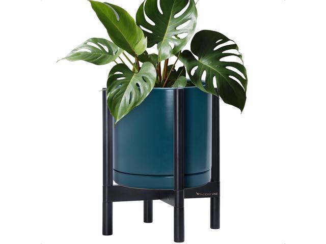 D'vine Dev Ceramic Planter with Ebony Stand - 12 Inch Modern Round Flower Pot with Wood Planter Holder, Teal, 55-B-H-4
