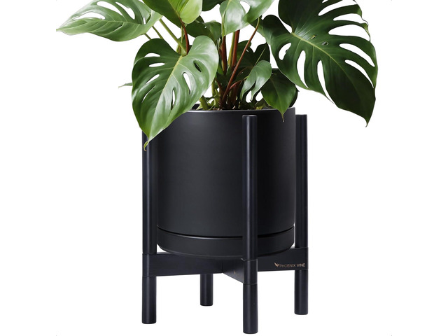 D'vine Dev Ceramic Planter with Ebony Stand - 12 Inch Modern Round Flower Pot with Wood Planter Holder, Black, 55-B-H-2