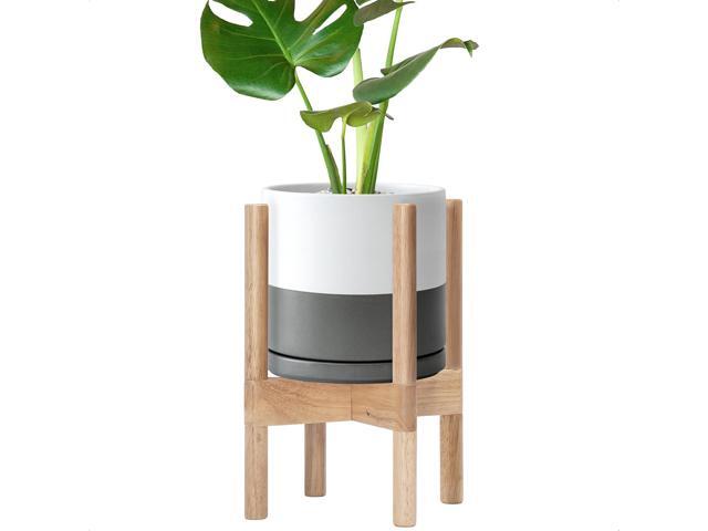 D'vine Dev Ceramic Planter with Natural Stand - 8 Inch Modern Round Flower Pot with Wood Planter Holder, White/Grey, 55-B-N-6