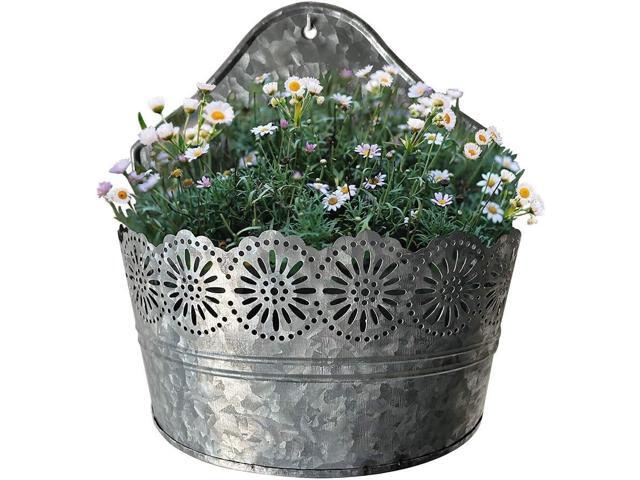 Lily's Home Indoor Outdoor Wall Mounted Planter with Floral Accents for Succulents, Cacti, Herbs, Faux Plants, Galvanized Metal. Plants Not Included