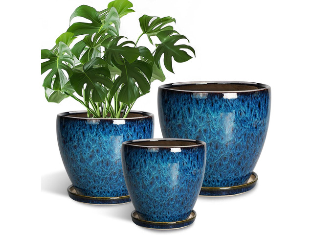 Plant Pots Indoor, Ceramic Planters Pots with Drainage Holes and Saucers, 10+8+6 Inch, Set of 3, Round Large Flower Pots for Indoor Outdoor Plants,...