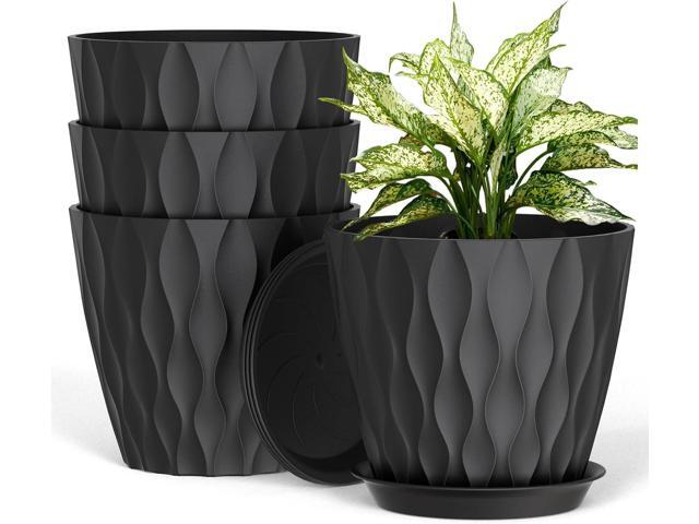 UOUZ 8 Inch Plant Pots, 4 Pack Plastic Planters for Indoor Outdoor with Drainage Holes & Saucers, Waffle Texture Flower Pots for Indoor Plants,...
